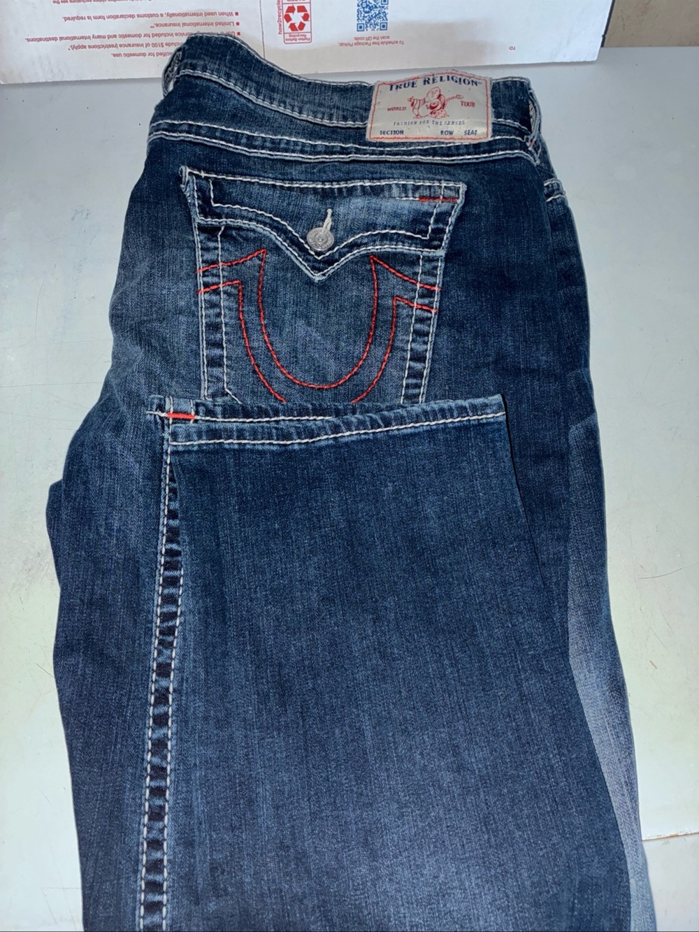 True Religion Men’s Dark Indigo Straight Jeans with Red Stitching